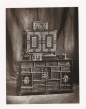Two cabinets and three chests, displayed during the 1873 Exposition Rétrospective in Tours, France,