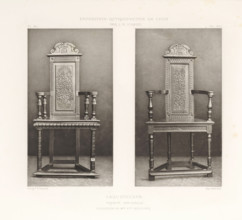 Two 16th-century French wooden chairs, at the Exposition Rétrospective of 1877 in Lyon, France,