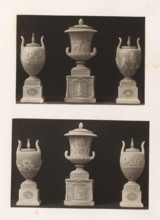 Six decorated vases and bases, photograph, page, photographer: Joseph Cundall, c. 1868 - in or