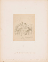 Photo reproduction of a sketch of two women at a table writing a letter, by Albert Hendschel, Aus A
