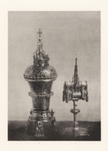 Gilded silver vase and a monstrance, displayed at an exhibition on religious objects from the