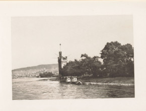 View of the Mouse Tower near Bingen am Rhein, page, photomechanical print, title: 'The Mouse Tower,