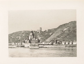 View of Kaub and Burg Pfalzgravenstein, page, photomechanical print, title: 'Caub and the Pfalz.',