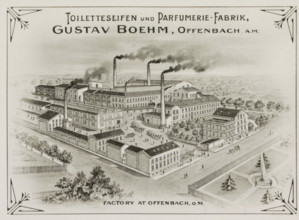 Photo reproduction of (presumably) a print of Gustav Boehm's soap and perfume factory in Offenbach