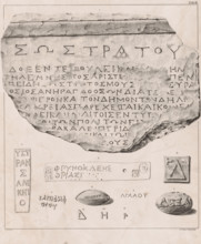Greek inscriptions on stones, print, Series number, 3, One large and three smaller stones with