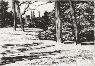 Forest and chimney, print, In the foreground a forest and in the background on the horizon a