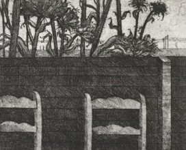 Chairs by fence, print, Backrests of chairs in front of a fence behind which sunflowers stand.,