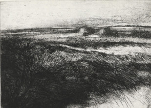 Dune landscape, print, Dune landscape with marram grass, the sea on the left on the horizon.,