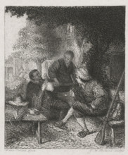Resting travelers, print, printmaker: Johannes Arnoldus Boland, Amsterdam, after painting by