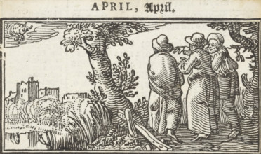 Emmaus Pilgrims, April, Months of the year, print, book illustration, Christ walks with two