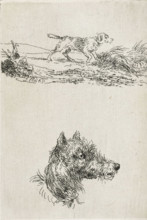 Dog's head and dog in landscape, print, printmaker: Guillaume Anne van der Brugghen, Netherlands,