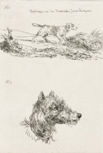 Dog's head and dog in landscape, print, printmaker: Guillaume Anne van der Brugghen, Netherlands,