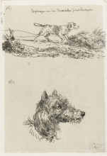 Dog's head and dog in landscape, print, printmaker: Guillaume Anne van der Brugghen, The Hague,