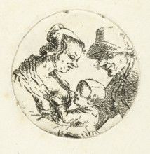 Farmer and farmer's wife with child (version 2), print, Portrait in a round frame of an unknown