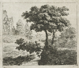 Landscape with church on a hill, print, printmaker: Johannes Adrianus van der Drift, Netherlands,