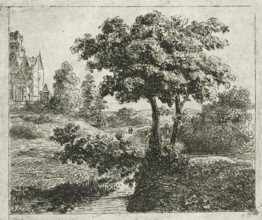 Landscape with church on a hill, print, printmaker: Johannes Adrianus van der Drift, Netherlands,
