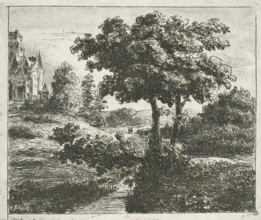 Landscape with church on a hill, print, printmaker: Johannes Adrianus van der Drift, Netherlands,