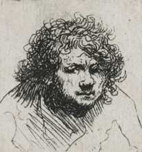 Self-portrait leaning forward: bust, print, printmaker: Rembrandt van Rijn, c. 1629, paper,