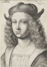 Portrait of a young man with long curly hair and a hat, print, printmaker: Wenceslaus Hollar,