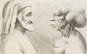 Deformed caricature heads of a man with a cap (Dante?) and a woman, Caricatures, heads and