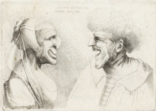 Deformed heads of a laughing man and woman with a head covering, Caricatures, heads and deformities