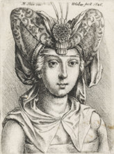 Portrait of woman with V-shaped bourrelet on the head, print, printmaker: Wenceslaus Hollar,