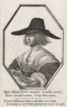 Portrait of a woman with a large dark hat and long gloves, Women's portraits in octagonal frames,