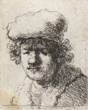 Self-portrait with cap pulled forward, print, printmaker, after print by, Rembrandt van Rijn,