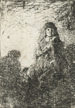 Standing woman and seated man, print, Standing woman seen from the front and seated man seen from