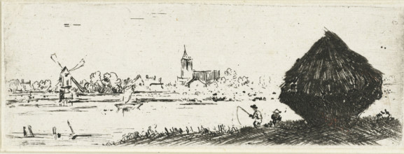 Landscape with haystack, print, A village with a church and mill by the water, in the foreground a