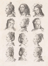 Twelve heads of women, print, On the top row: Catherine the Great, Christine of Sweden and Joan of