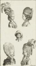 Five ladies' hairstyles, print, fashion print, Bauer 499, Engelmann 254a proof, printmaker: Daniel