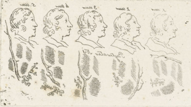 Study sheet with heads, branches and hatching, print, inscription: '5 o'clock, 4 o'clock, 3