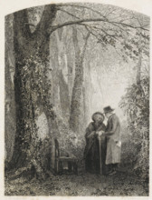 Elderly couple in a forest, print, An elderly couple stands in a forest with a stick. The capital