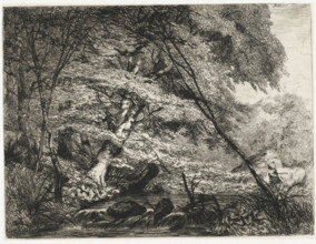 Forest landscape with a stream, print, printmaker: Martinus Antonius Kuytenbrouwer jr., Brussels,