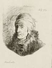 Bust of an old woman with a turban, print, printmaker: Sauveur Legros, after design by Rembrandt