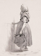 Standing girl with poultry basket, Five etching proofs, print, printmaker: Pierre Louis Dubourcq,