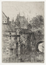 Gaer, Houses by a bridge over the Jeker, Maastricht, print, printmaker: Alexander Schaepkens, 1830