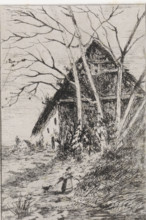 Hut under bare trees, print, printmaker: Arnoud Schaepkens, 1855 - 1904, paper, chine collé,