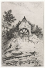 View of a watermill, print, printmaker: Arnoud Schaepkens, 1855 - 1904, paper, chine collé,