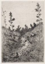 Walkers on a path between two hills, print, printmaker: Arnoud Schaepkens, 1855 - 1904, paper,