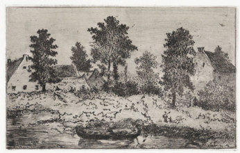 Houses by the river, print, printmaker: Arnoud Schaepkens, 1855 - 1904, paper, chine collé,