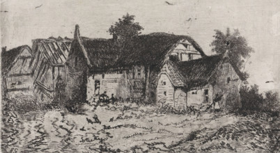 Group of thatched houses, print, printmaker: Arnoud Schaepkens, 1855 - 1904, paper, chine collé,