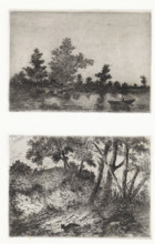 Water landscape with rowboat, Woodland landscape with a fox, print, printmaker: Arnoud Schaepkens,