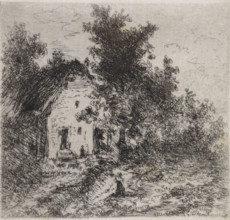 Farm under trees, print, printmaker: Arnoud Schaepkens, 1855 - 1904, paper, chine collé, etching,