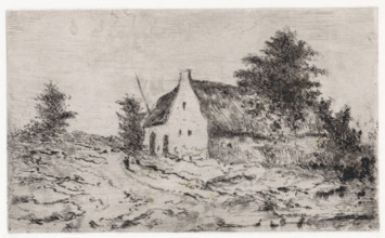 Landscape with farm and pond with ducks, print, printmaker: Arnoud Schaepkens, 1855 - 1904, paper,