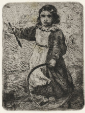Girl with hoop, print, printmaker: Arnoud Schaepkens, 1831 - 1904, paper, chine collé, etching,