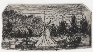 Sailing ship in a hilly landscape, print, printmaker: Arnoud Schaepkens, 1831 - 1904, paper, chine
