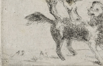 Dog and cat, print, printmaker: Arnoud Schaepkens, 1831 - 1904, paper, chine collé, etching,