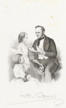 Title page for: JP Heije, Al de Kinderliederen, 1861, Man with two children, print, title page, A